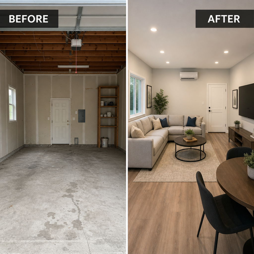 Before and after garage conversion transformation showing renovation progress