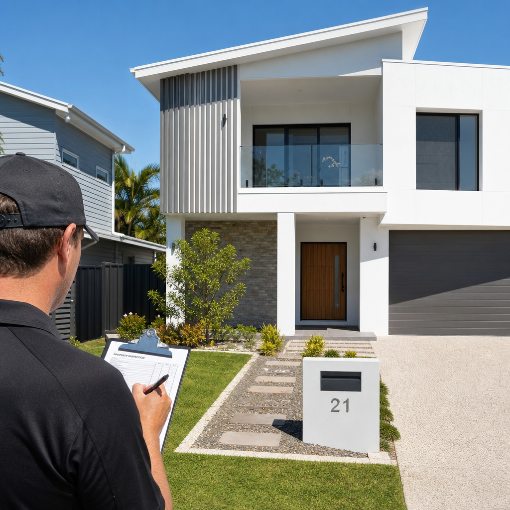 New residential home exterior with quality inspection in progress