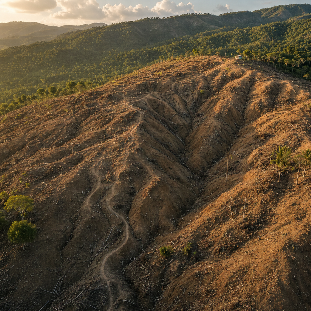 Deforested hillside in Haiti showing severe soil erosion and barren slopes