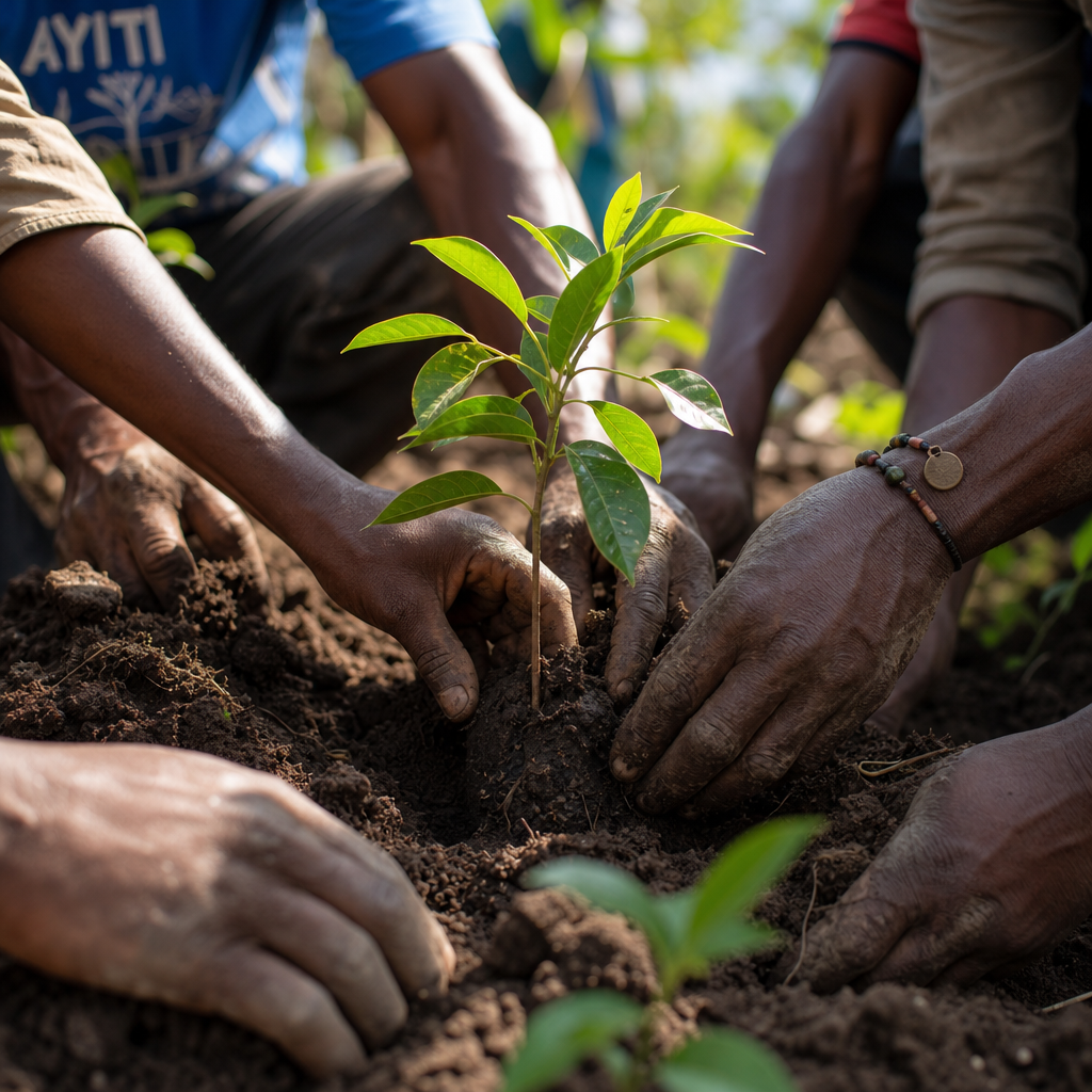 Community members planting tree seedlings together in Haiti during reforestation effort