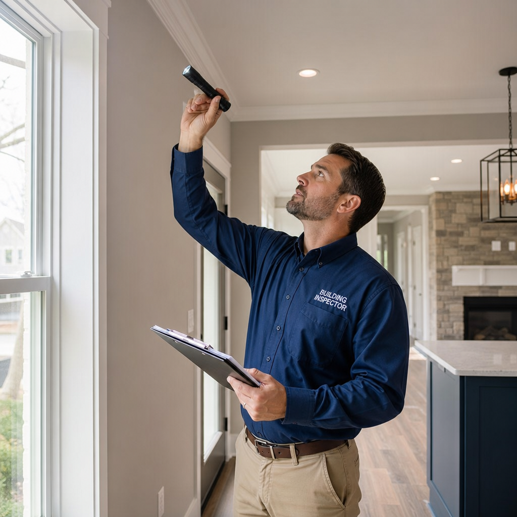 Professional building inspector conducting detailed interior assessment