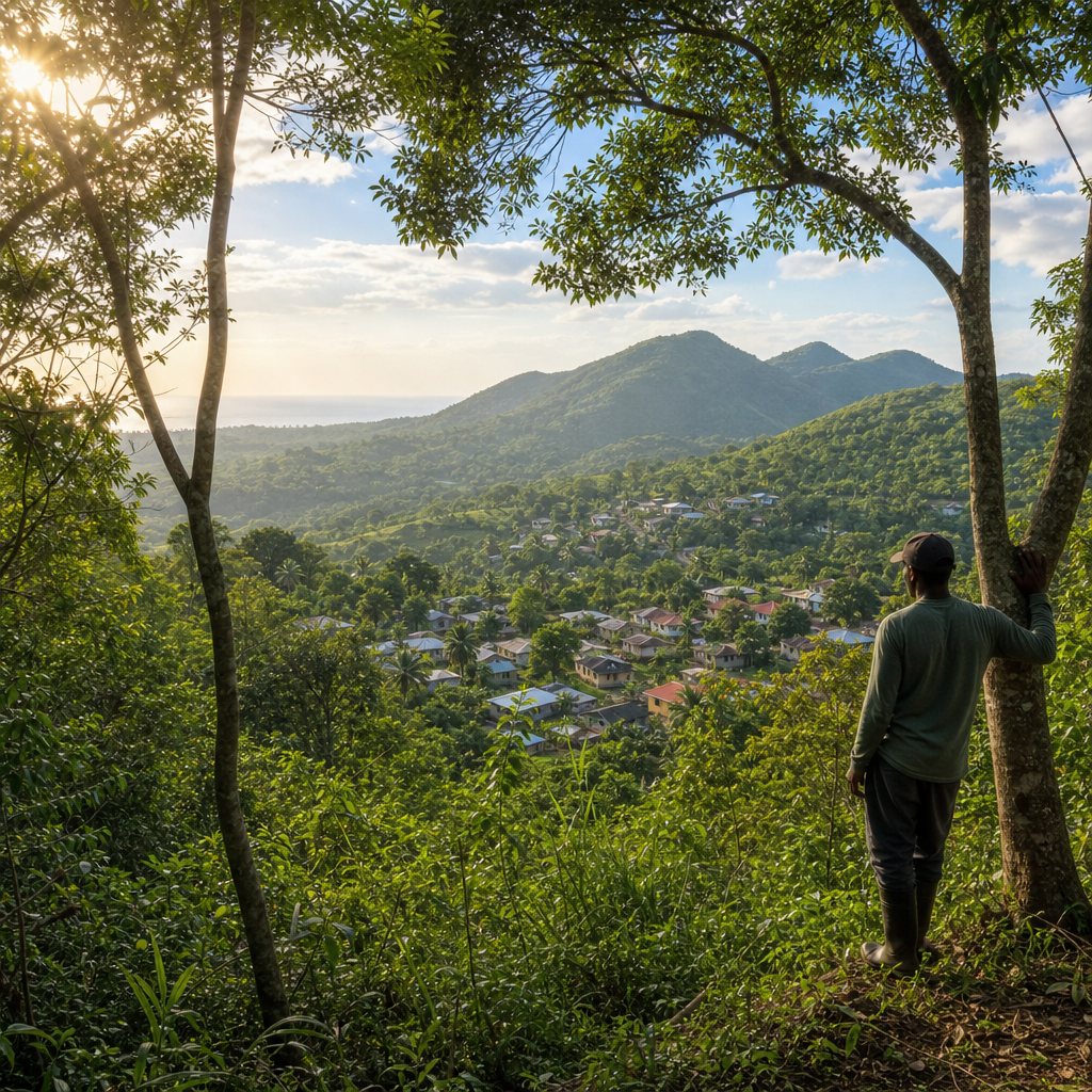 Lush forested hillside in Haiti with community settlement nestled in the valley below