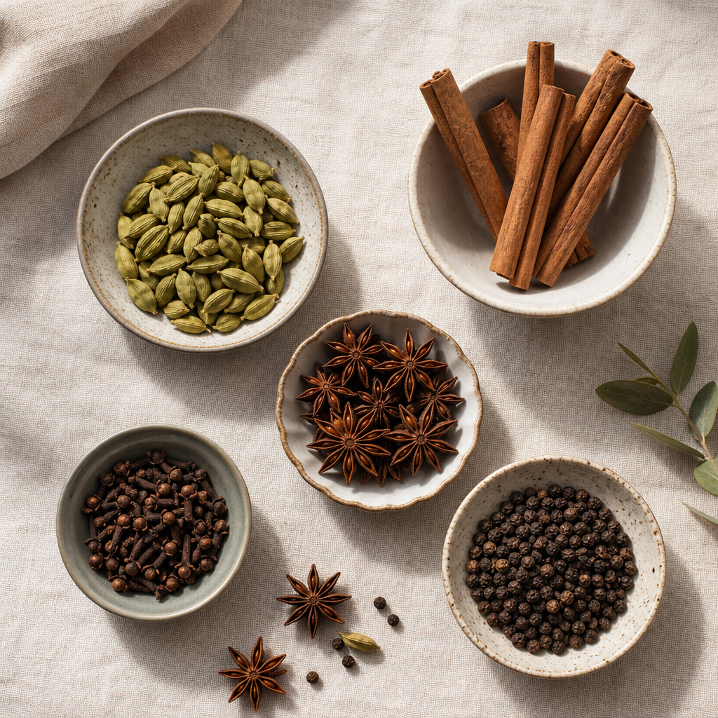 Whole chai spices arranged in bowls on linen fabric with natural lighting