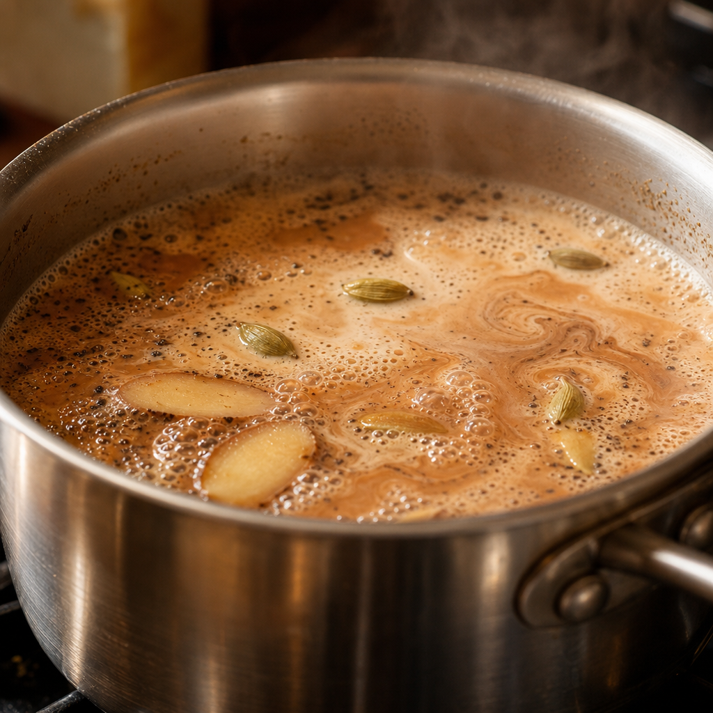 Simmering chai tea in a stainless steel pan with visible spices and steam
