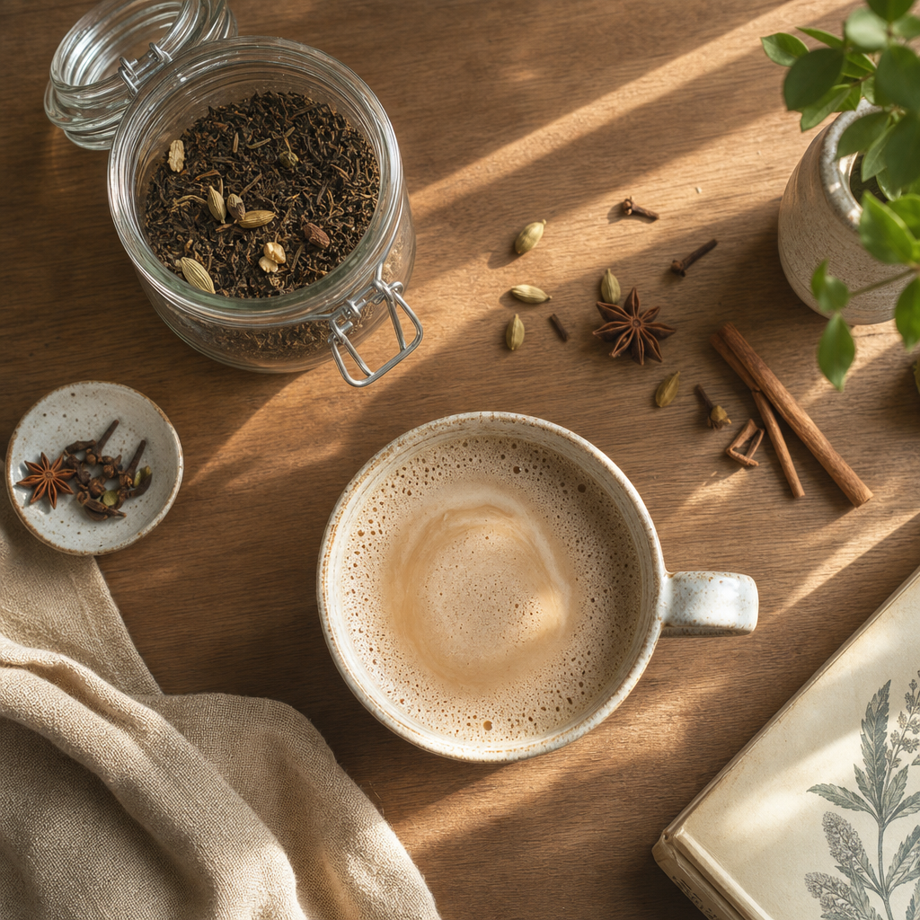 Brewed chai tea in a cup with loose leaf tea jar and scattered spices on wooden surface