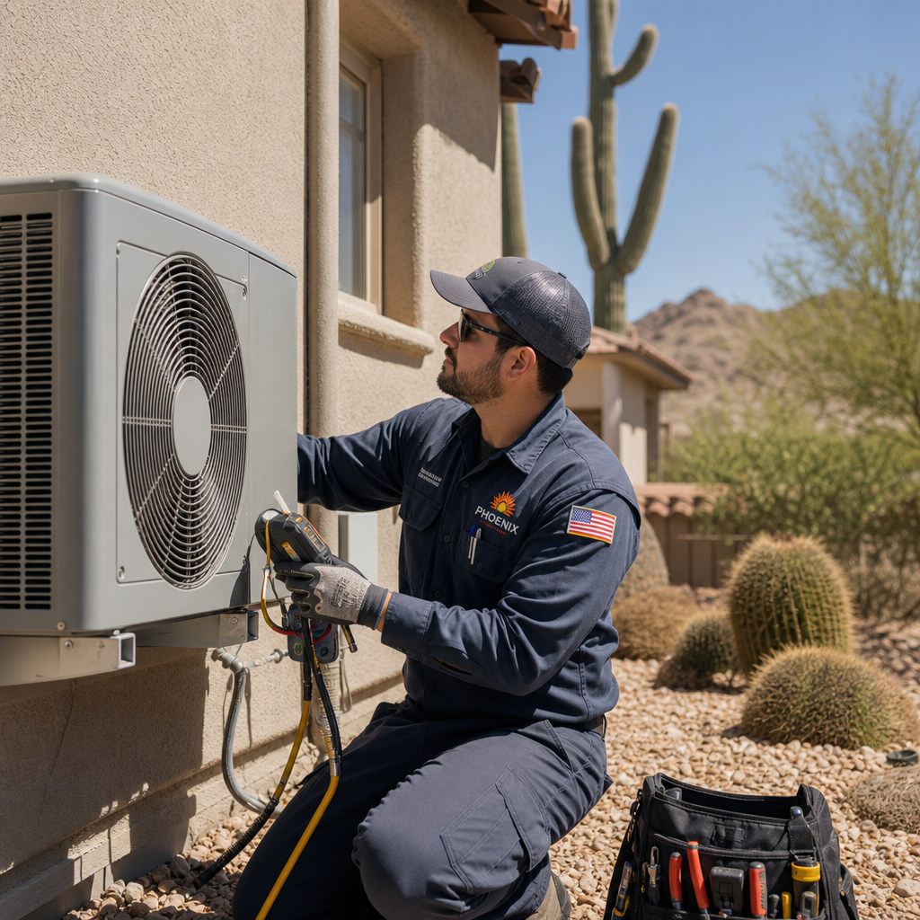 Professional HVAC technician inspecting air conditioning unit on Phoenix home