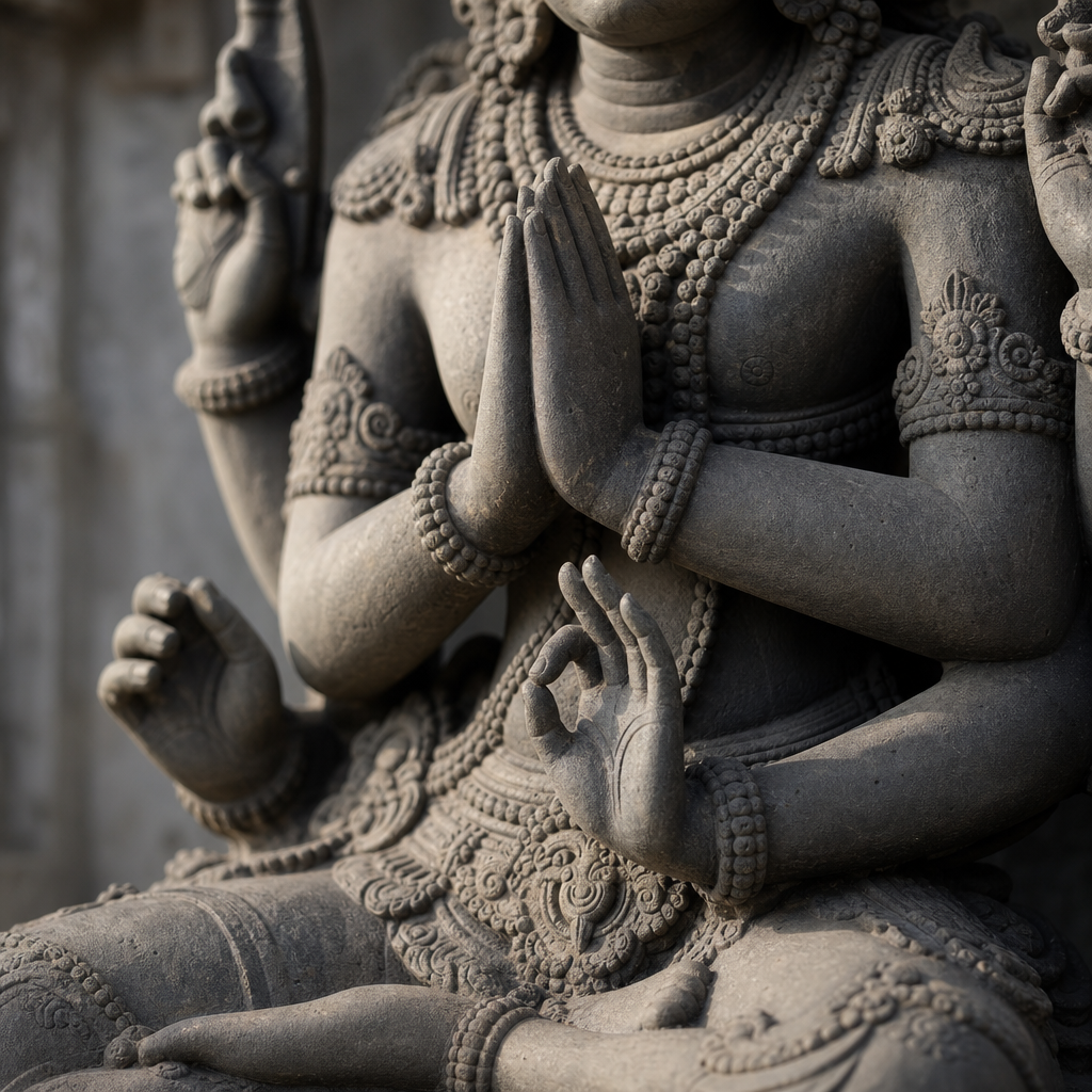Vista dettagliata delle mani scolpite e dei mudra di una statua di divinità indù che mostrano gesti iconografici tradizionali