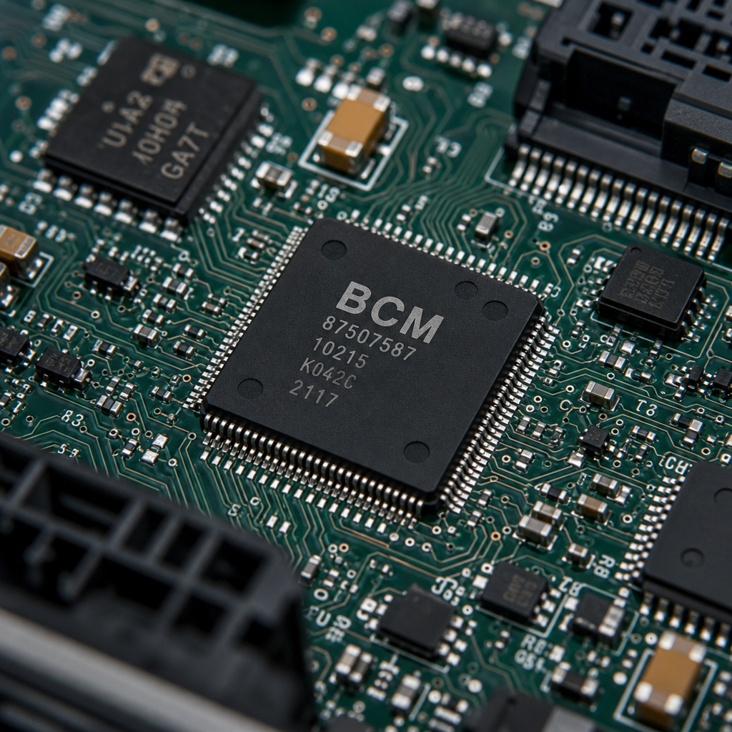 Detailed macro view of a BCM circuit board with microchips and electronic components