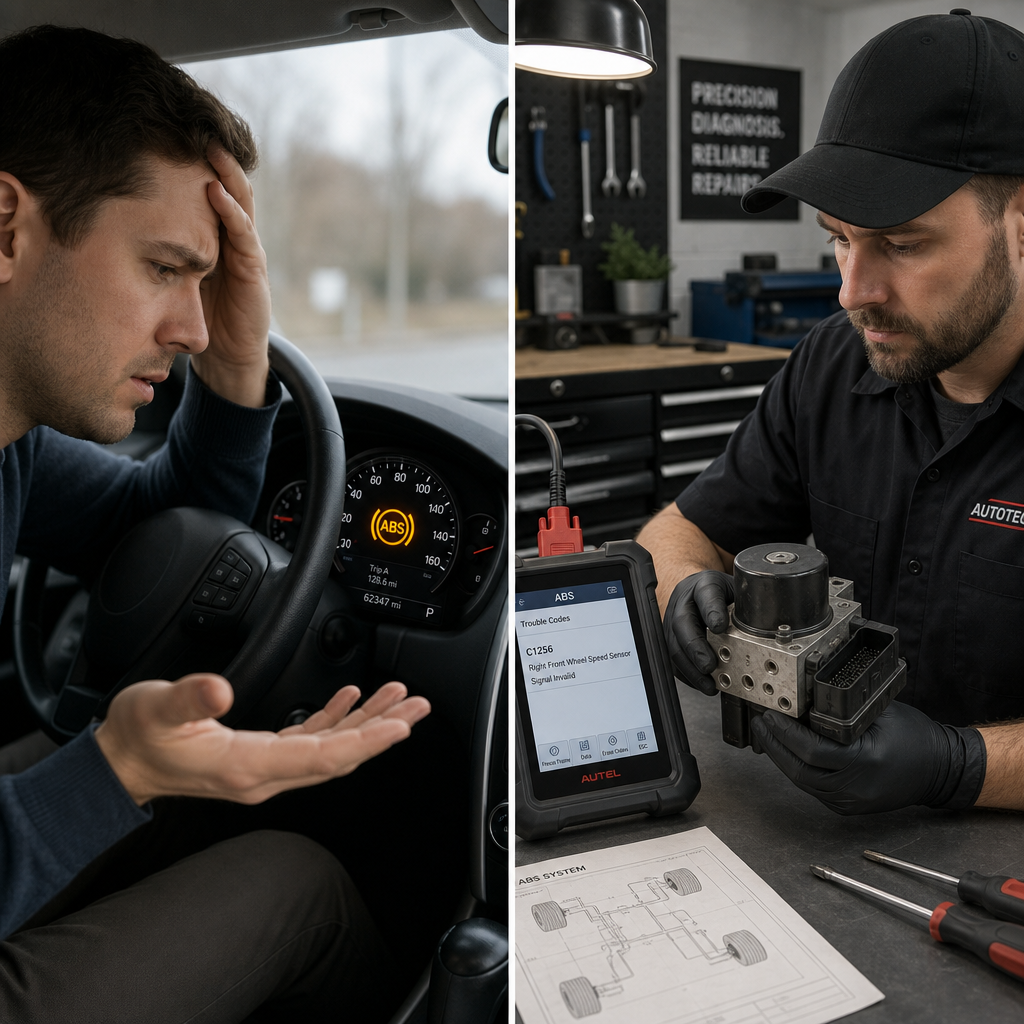 Split image comparing vehicle owner concerned about warning light with technician performing module diagnostics