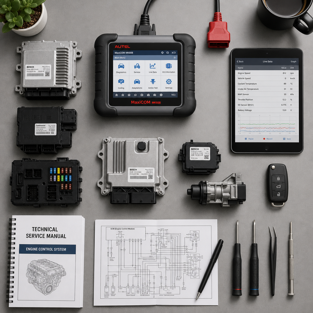 Overhead view of diagnostic equipment and electronic modules on a professional repair workbench