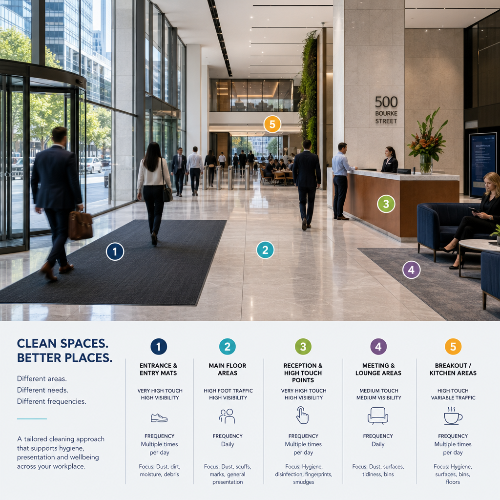 Busy commercial office lobby with high foot traffic areas and multiple cleaning zones which uses commercial cleaning provider such as vibrant property services