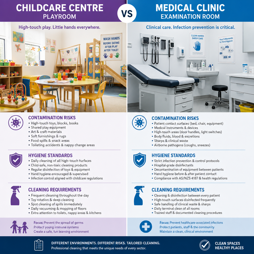 Childcare centre and medical clinic interiors showing different hygiene and cleaning needs - contact us today 1300 508 932