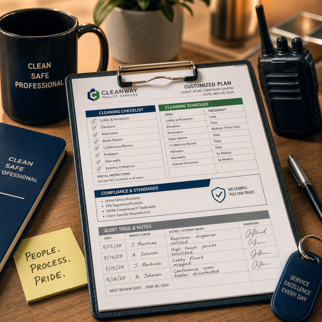 Tailored cleaning schedule checklist and compliance documentation on a work desk provided by vibrant property services 