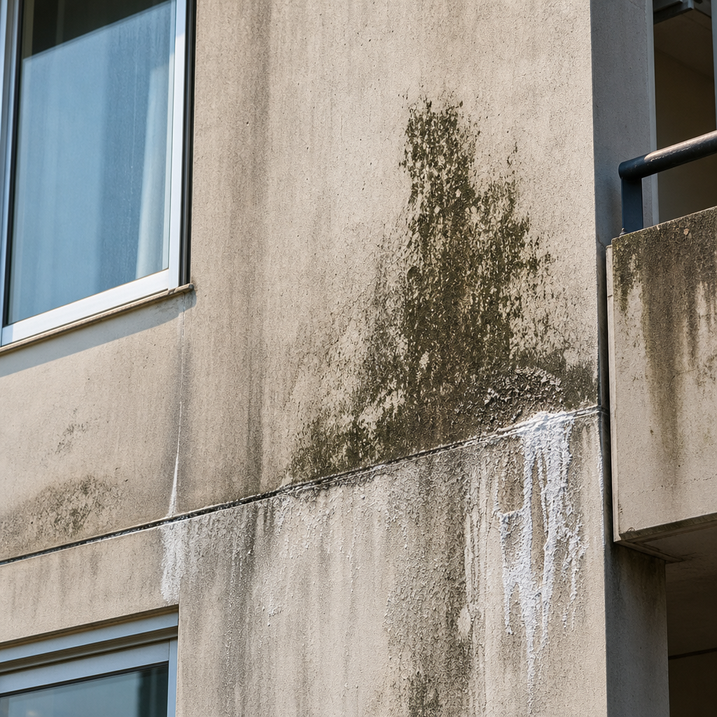 Detaljebillede af boligblok facade med synlige skimmel- og fugtskader