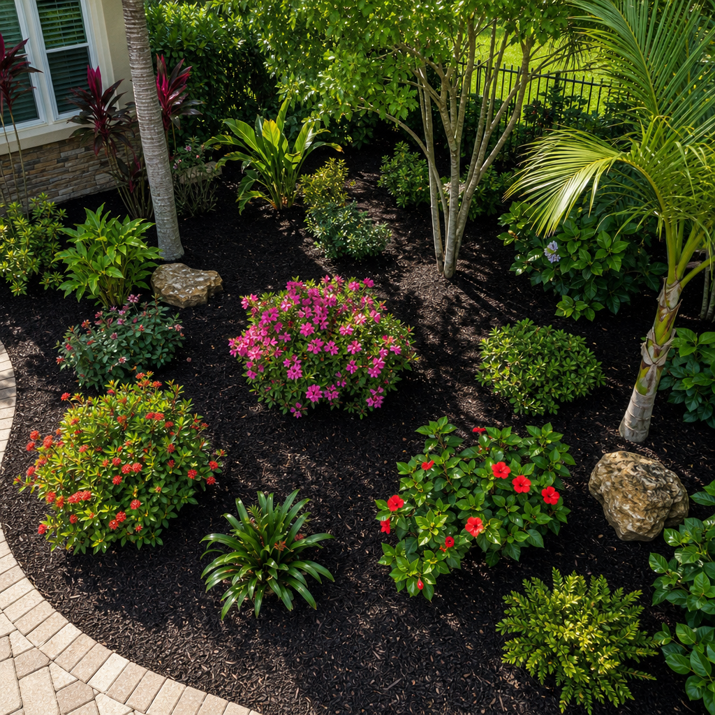 Freshly installed dark mulch around landscaping plants in a residential garden bed