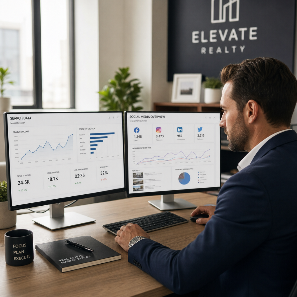 Real estate professional analyzing multi-channel advertising performance data