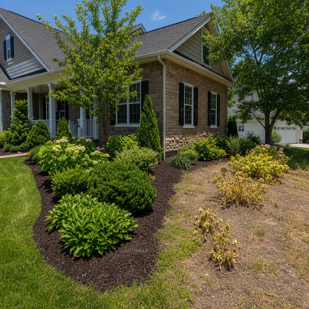 Well-maintained landscaping with mulch protection compared to stressed plants without mulch coverage during summer
