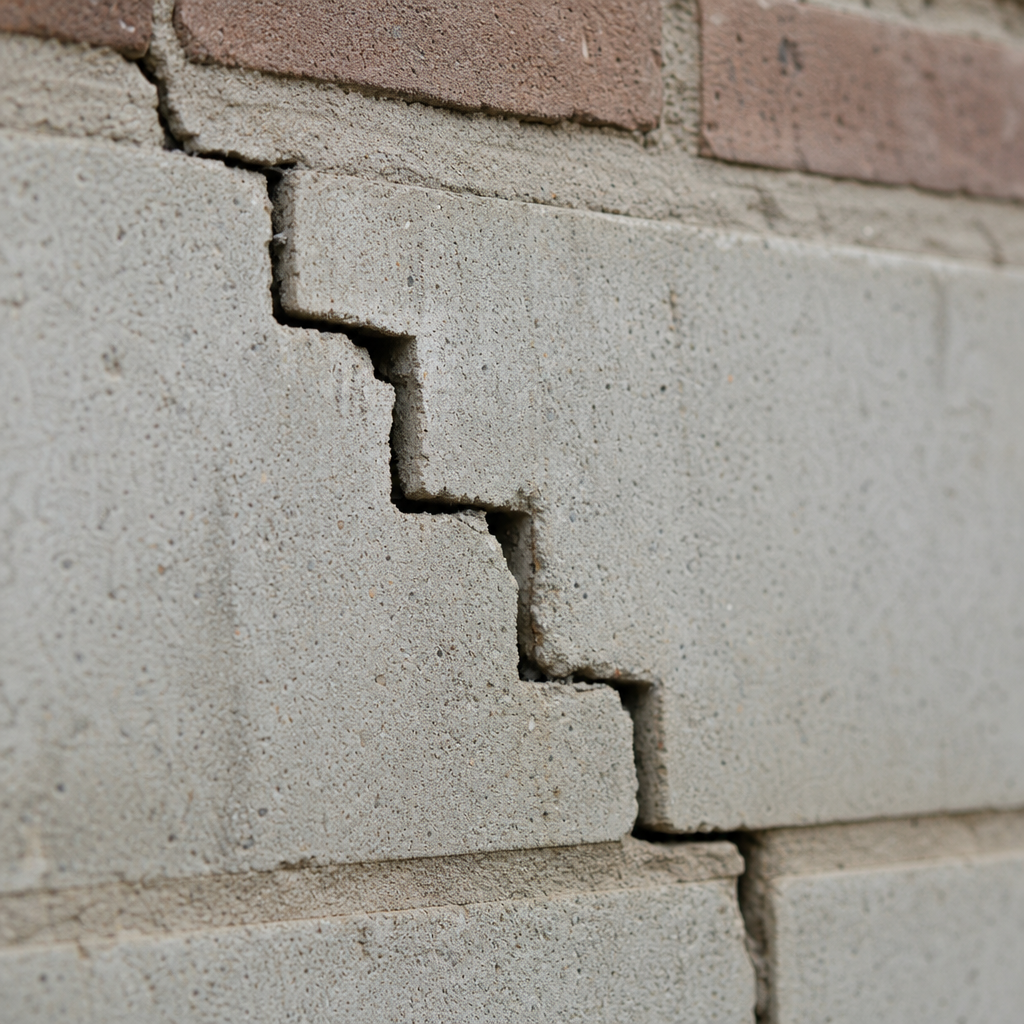 Fissures en escalier sur maçonnerie indiquant un tassement différentiel