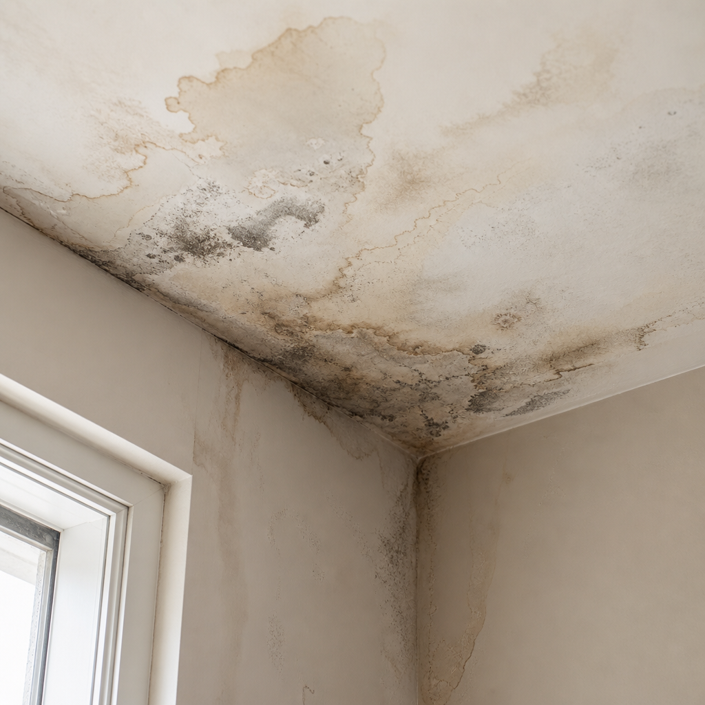 Infiltrations d'humidité et taches d'eau sur plafond et murs intérieurs