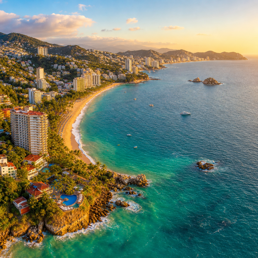Vista aérea de la bahía de Acapulco con aguas turquesas y playas de arena blanca al atardecer