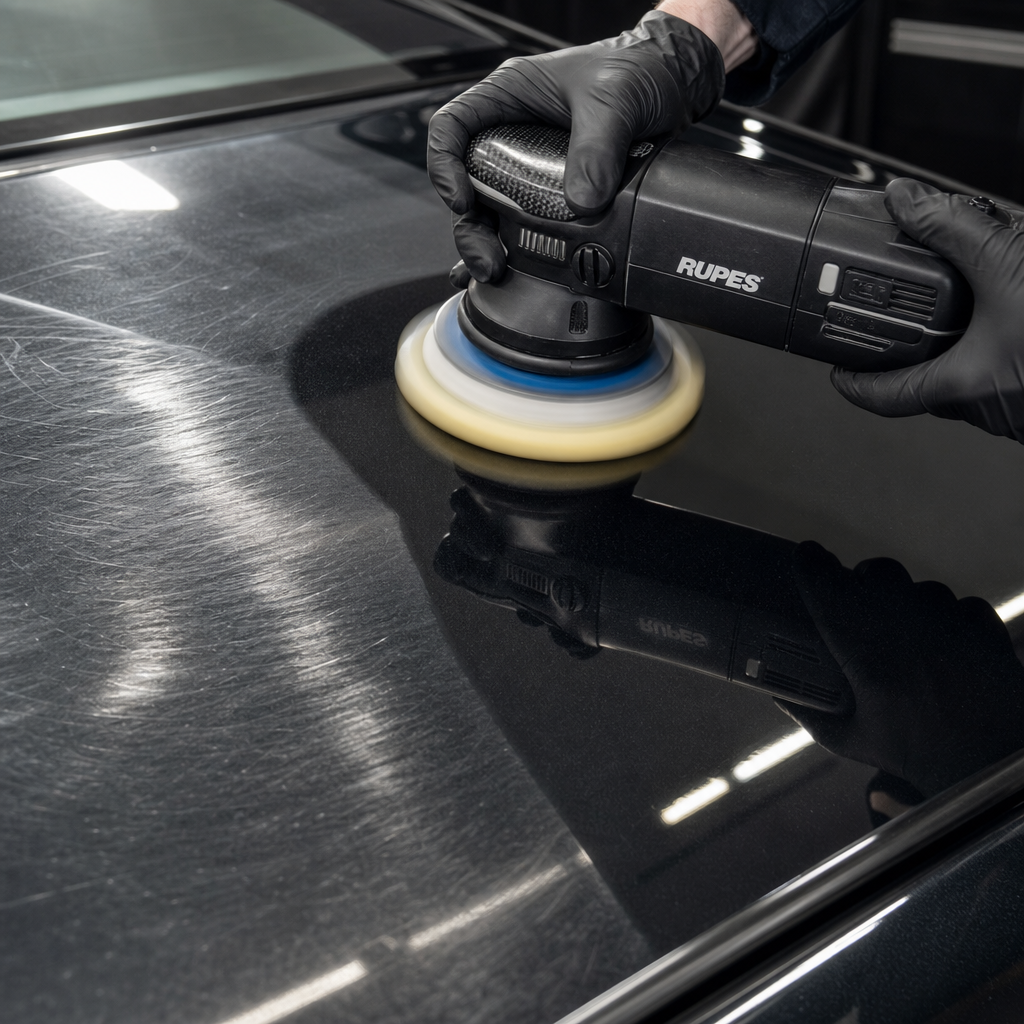 Machine polishing and paint correction in action on automotive surface