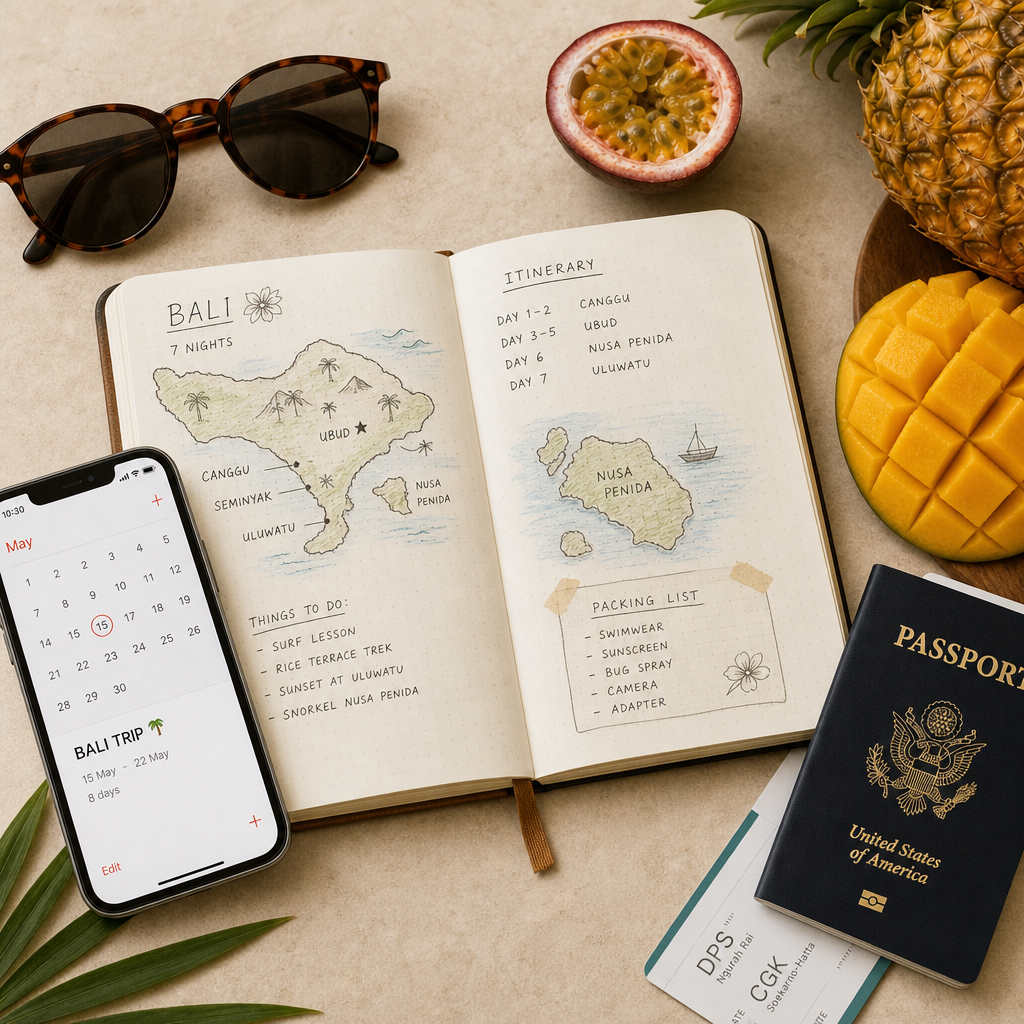 Escritorio de planificación de viajes con mapa, pasaporte y elementos de viajero en estilo plano
