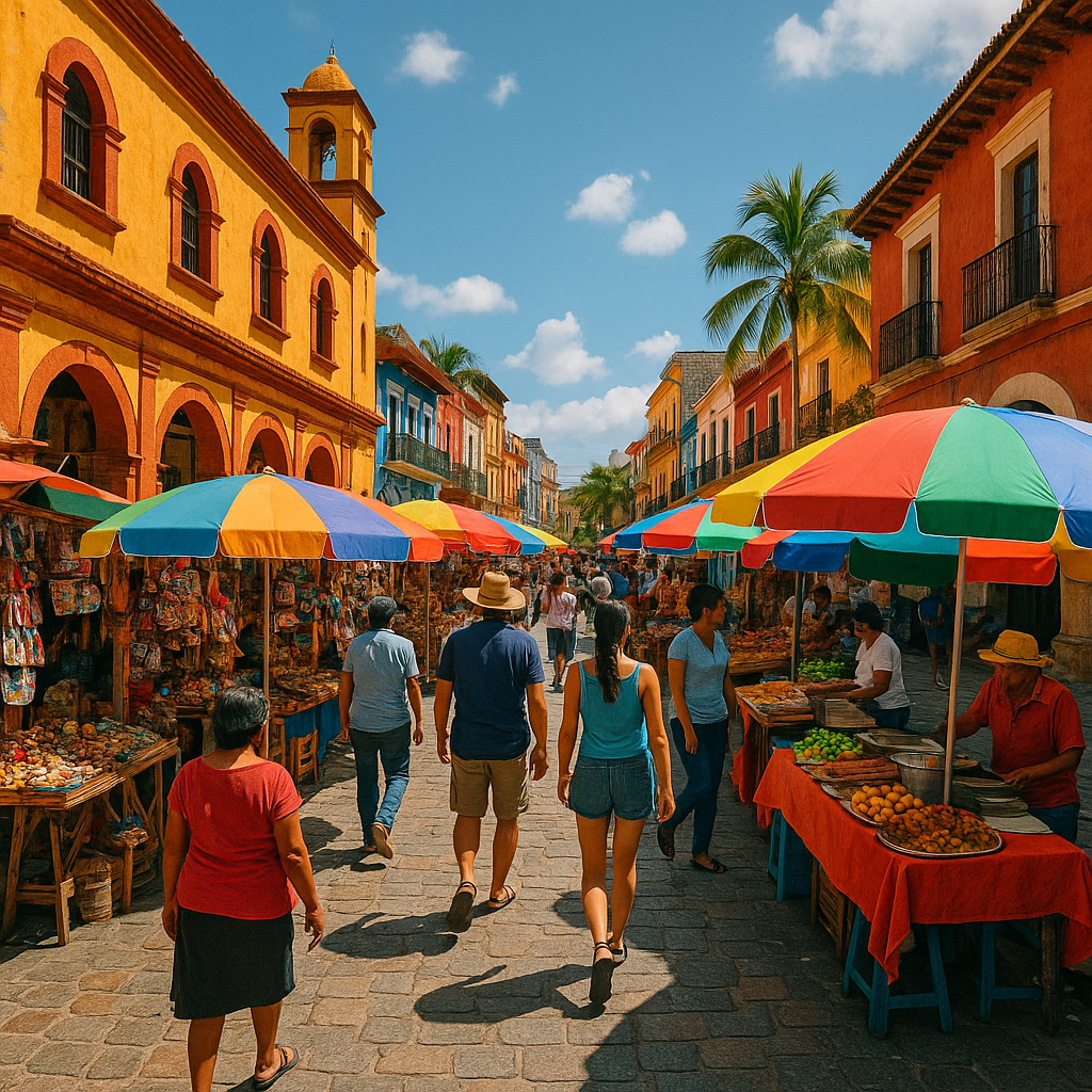 Mercado y calle tradicional de Acapulco con vendedores locales y arquitectura colonial