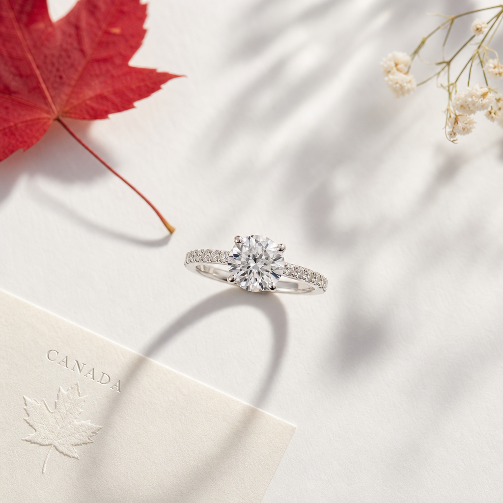 Overhead view of an engagement ring on a white surface with natural lighting