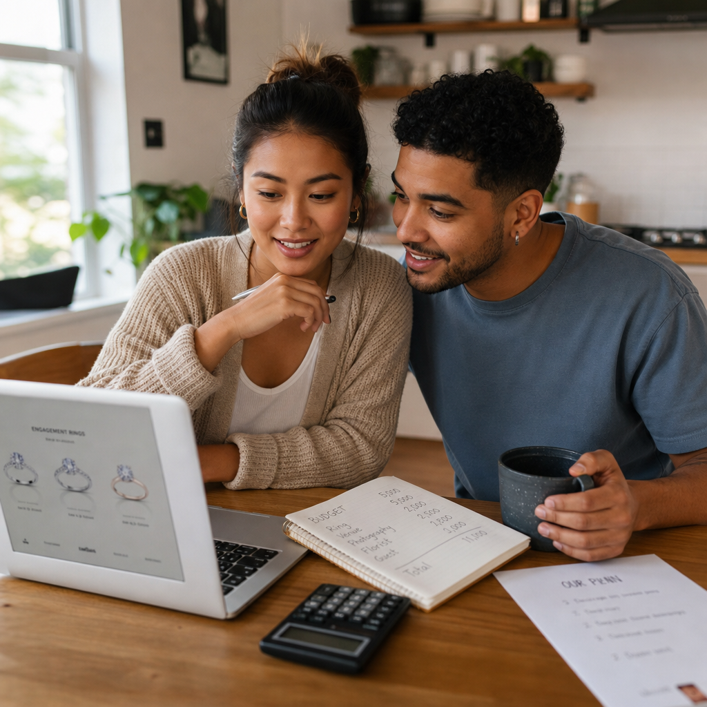 Couple reviewing engagement ring options and budgeting on a laptop at home