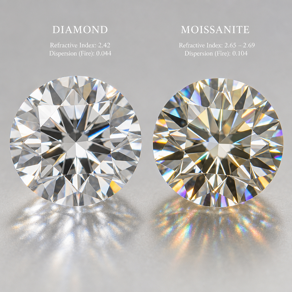 Macro close-up of two gemstones displaying their optical properties and sparkle