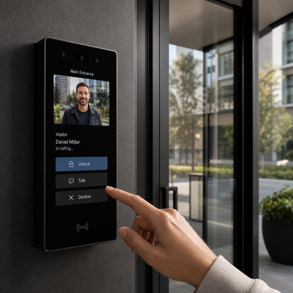 Hand interacting with smart intercom screen at apartment building entrance