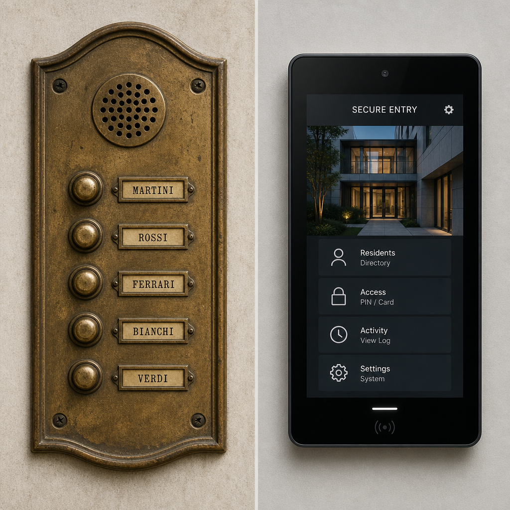 Side-by-side visual comparison of traditional buzzer and modern smart intercom systems
