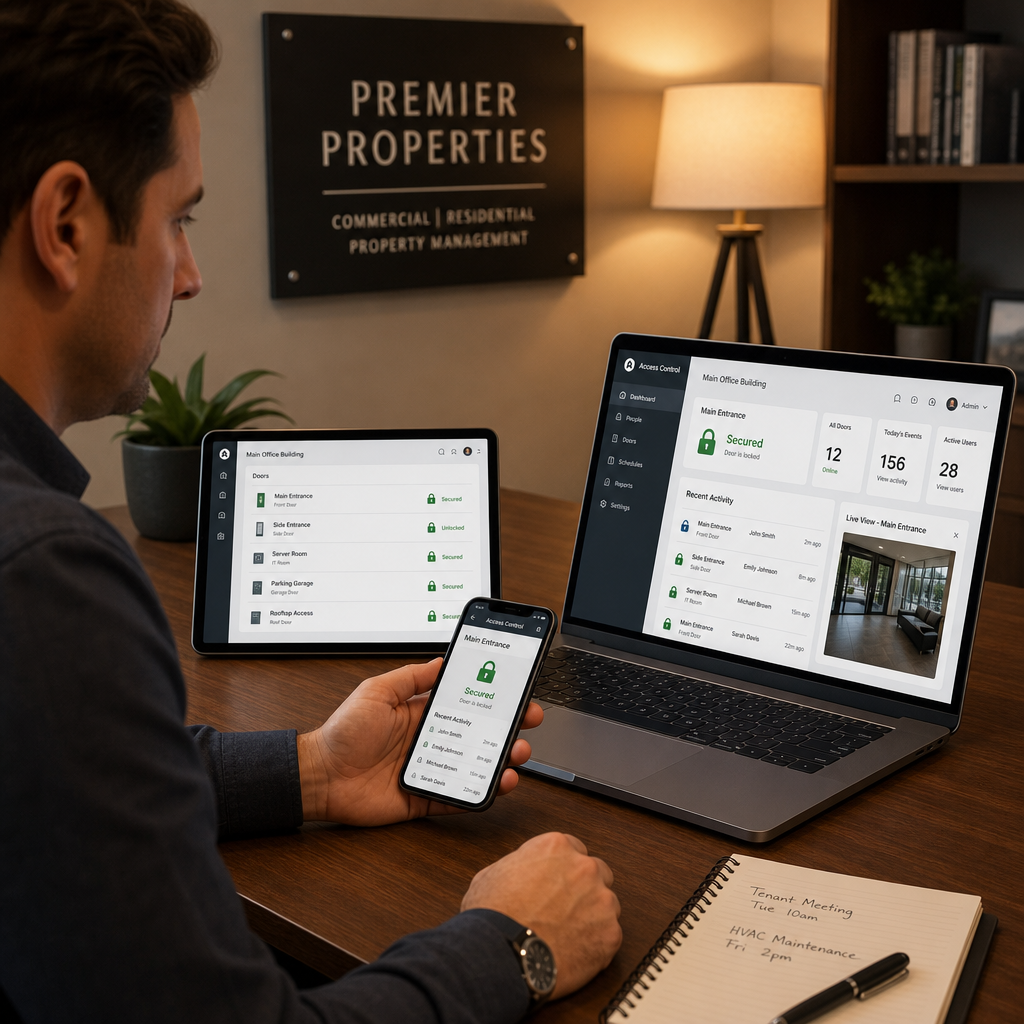 Property manager monitoring building access and security from multiple connected devices