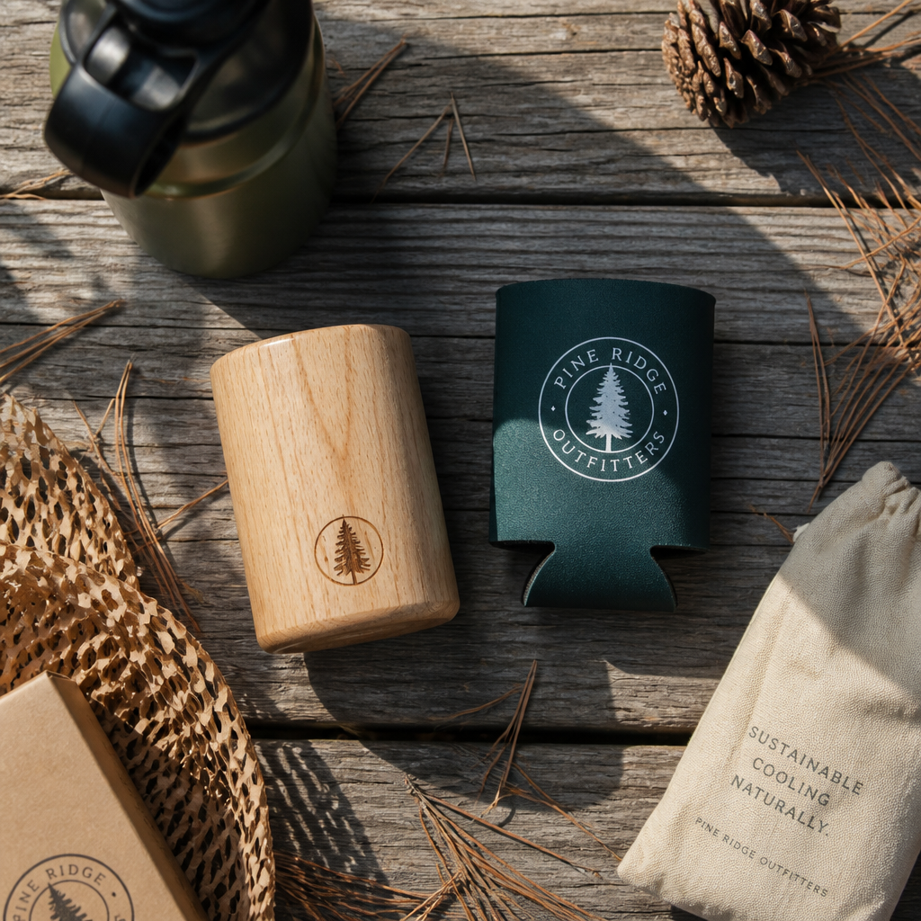 Wooden can insulator compared to foam koozie on picnic table with eco-friendly items