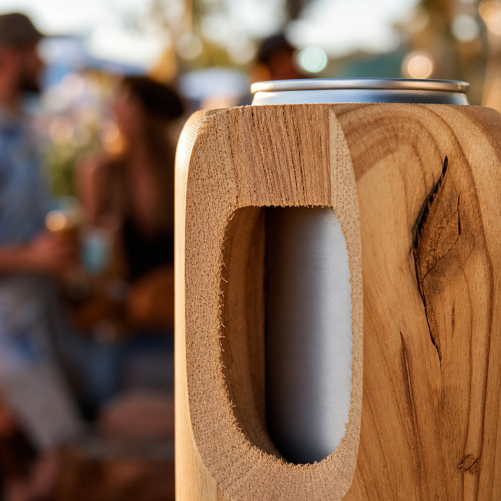 Detailed wooden can insulator texture with outdoor festival setting blurred in background