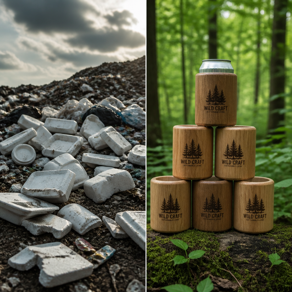 Landfill waste contrasted with sustainable wooden insulators in forest environment