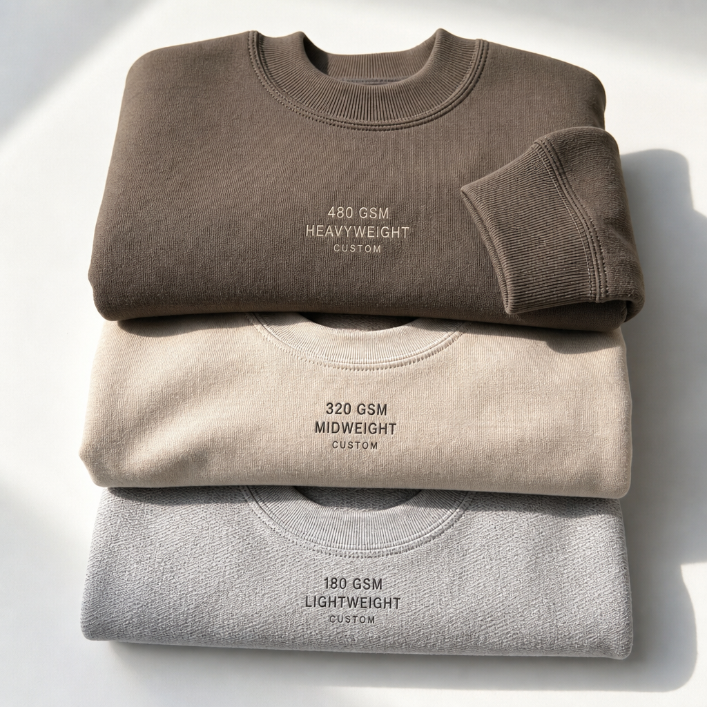 Three custom sweatshirts in different fabric weights displayed side by side
