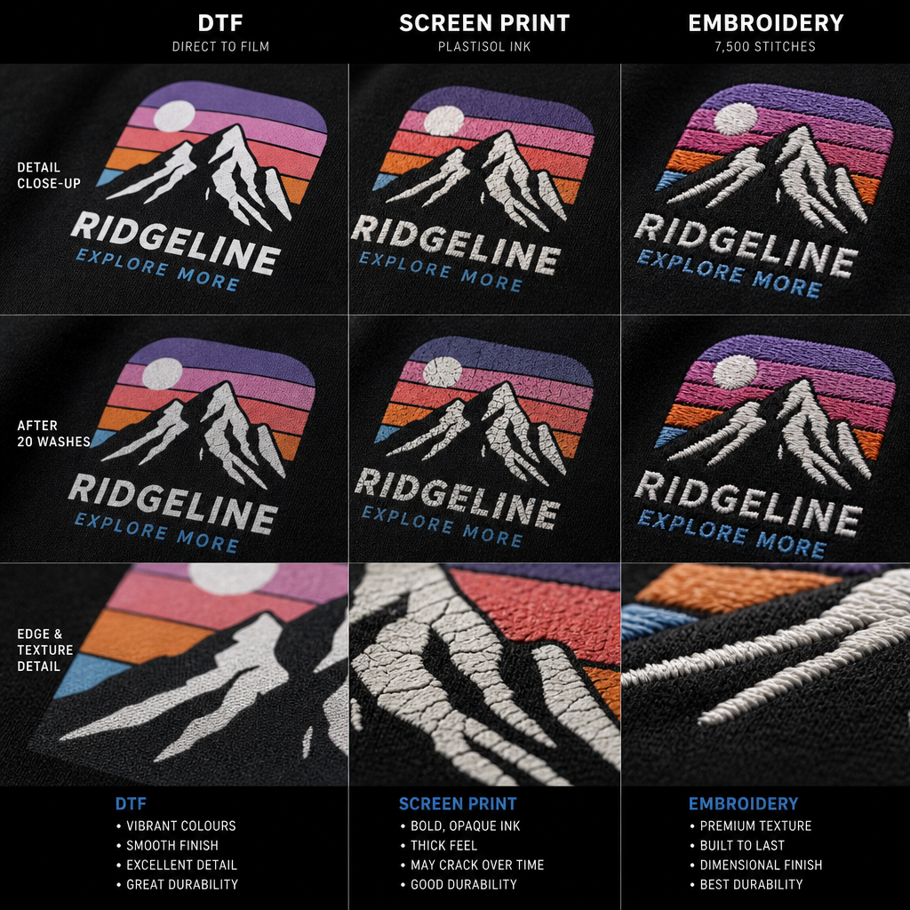 Detailed comparison of DTF, screen print, and embroidery printing techniques on fabric