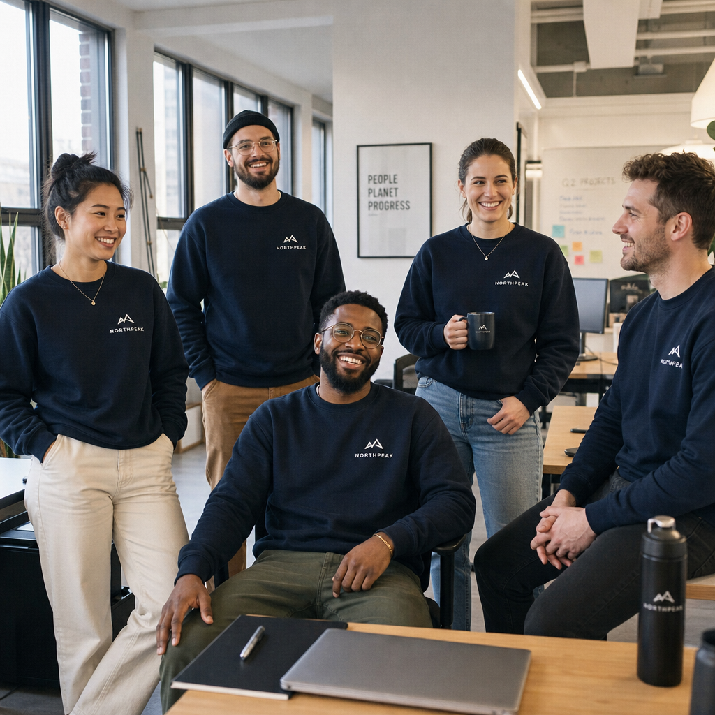 Team wearing branded custom sweatshirts in a professional workplace setting