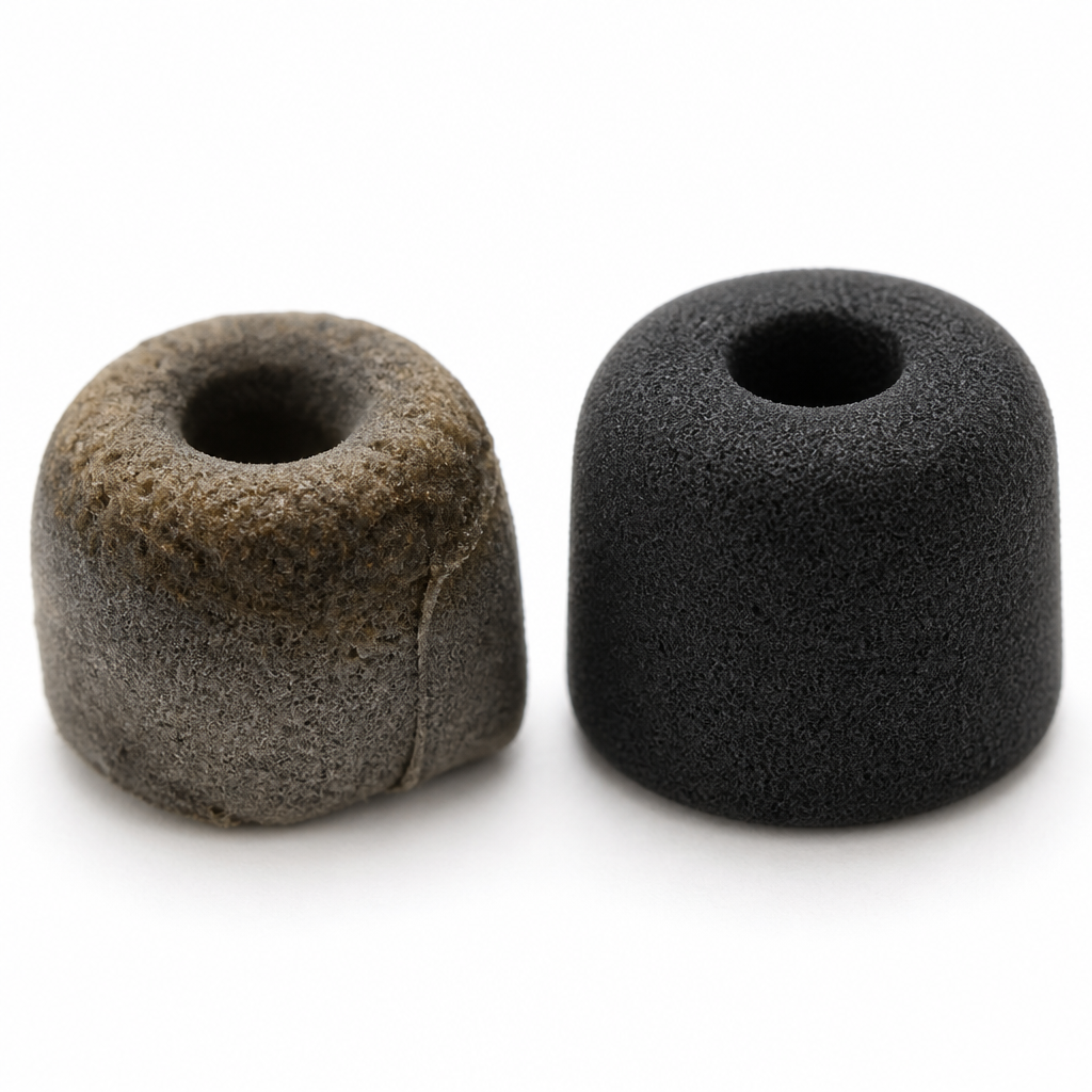 Comparison of worn versus new foam ear plug tips showing degradation