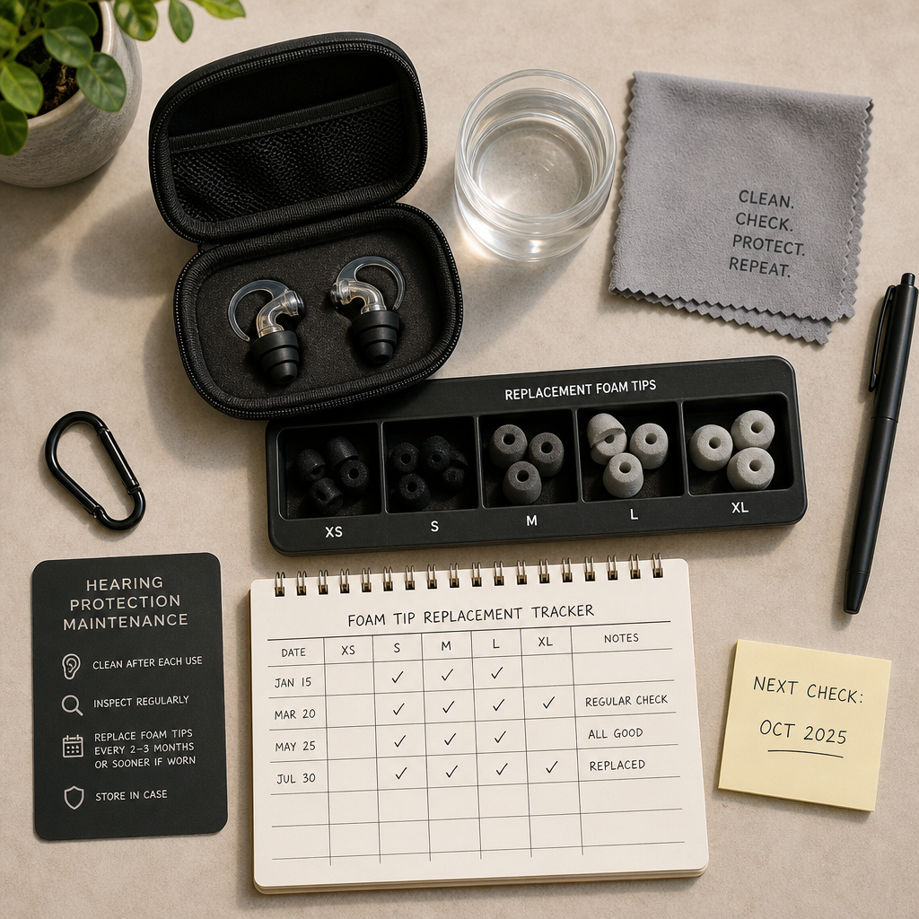 Organized ear plug maintenance kit with replacement tips and cleaning supplies