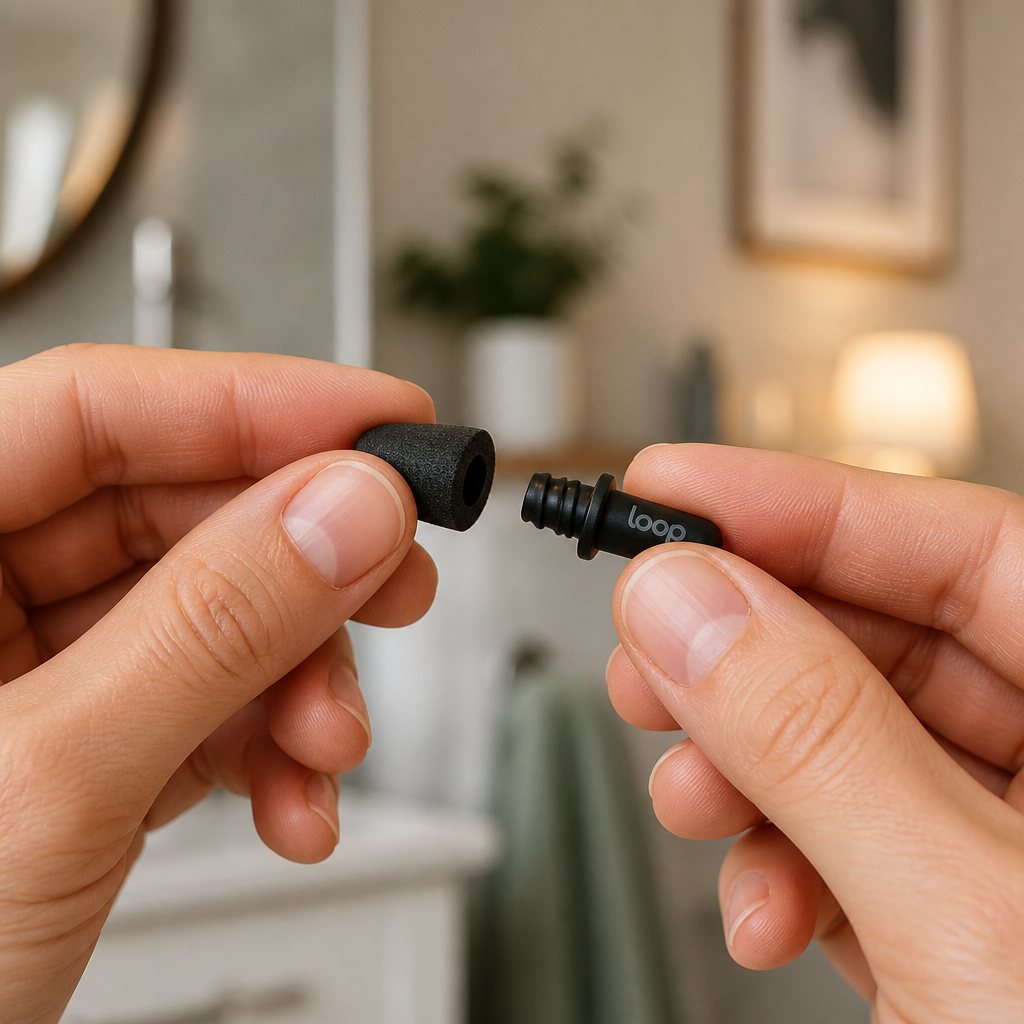 Hands carefully removing foam tip from reusable ear plug