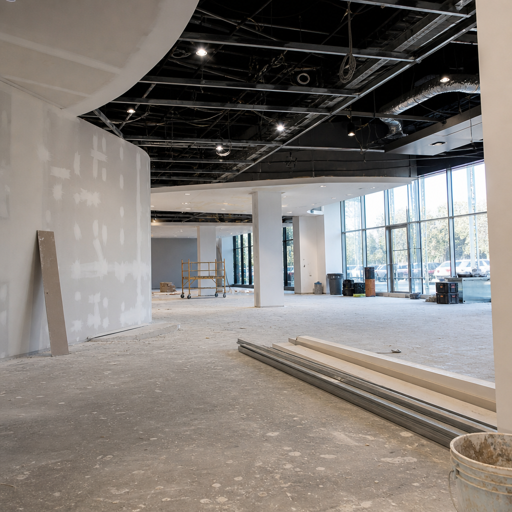 Commercial construction site interior with dust and plaster debris during final cleaning stage