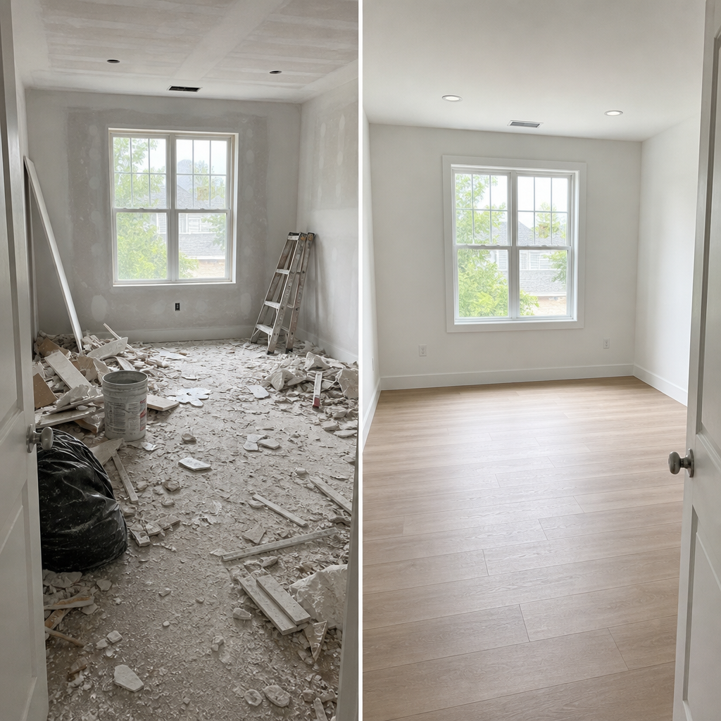 Before and after comparison of residential room construction cleaning transformation