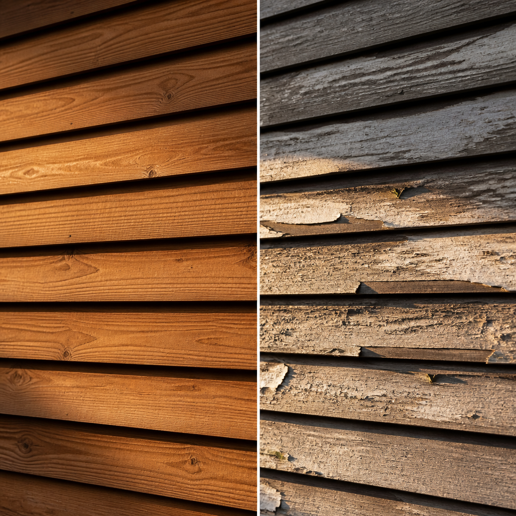 Before and after comparison of pressure washer damage to wood siding