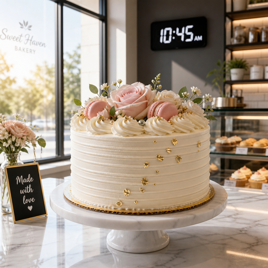 Fresh decorated cake on bakery counter with morning light and time indicator