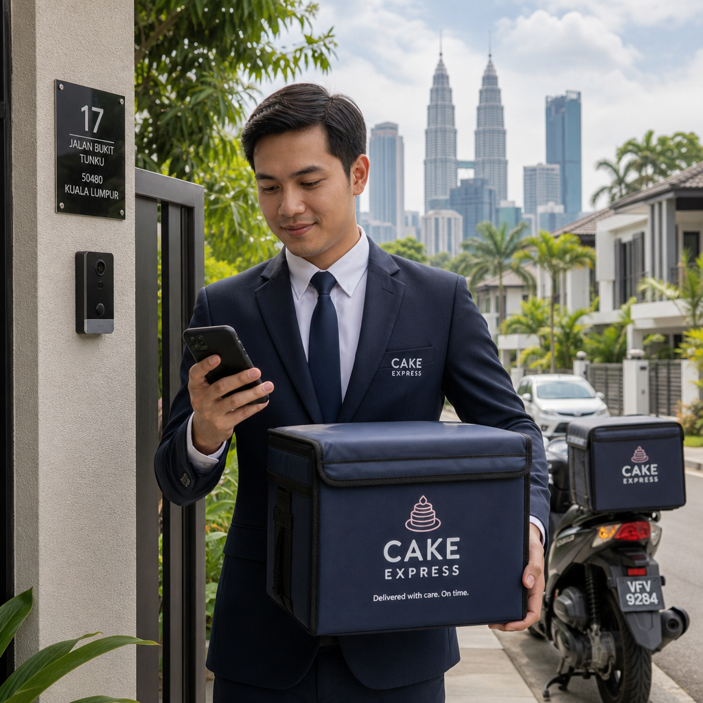 Cake delivery driver arriving at residential doorstep in Kuala Lumpur