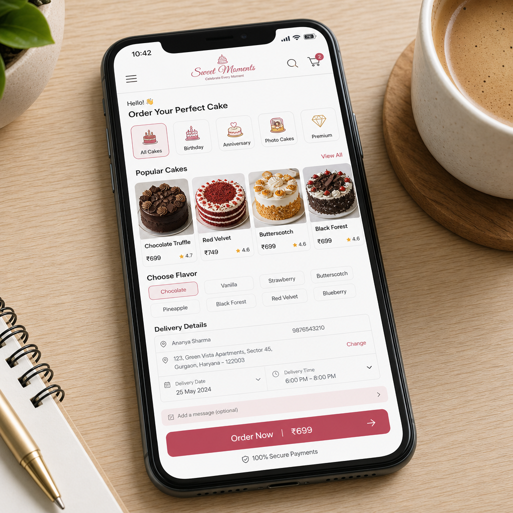 Mobile phone displaying online cake ordering interface with delivery options