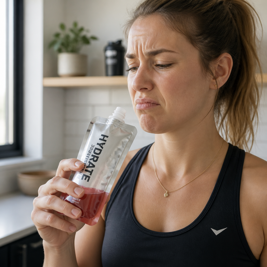 Person hesitating before drinking an electrolyte supplement, expressing reluctance about taste
