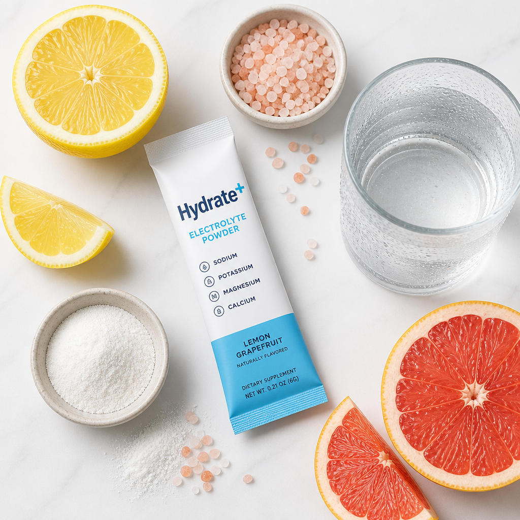 Electrolyte supplement ingredients laid out including citrus fruits and mineral salts in flat lay style